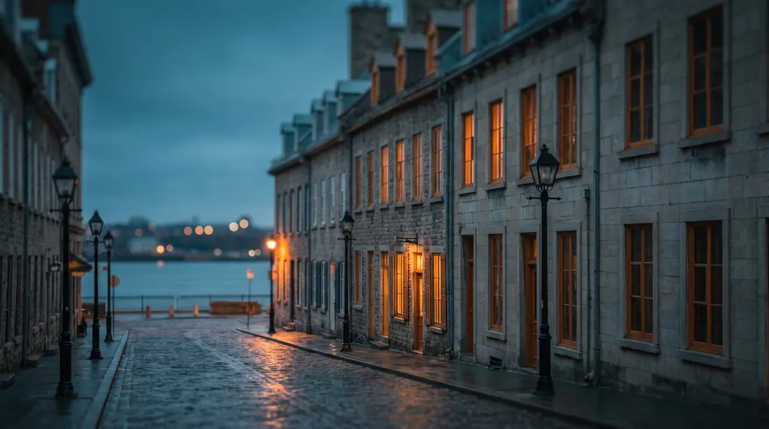 Une rue de pierre d'un vieux quartier au crépuscule, avec des fenêtres éclairées, des lampadaires et la rivière au bout